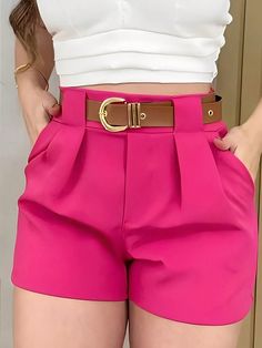 Rosa Fucsia Casual Collar  Tela tricotada Liso Bermuda,Shorts deportivos Embellished No-Elástico High Wasted Shorts, Jupe Short, Spring Shorts, Casual Summer Shorts, Track Shorts, Outfits Verano, Color Shorts, Inspiration Mode, Shorts With Pockets