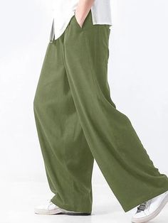 Men's Linen Pants Trousers Summer Pants Beach Pants Drawstring Elastic Waist Plain Breathable Soft Casual Daily Holiday Linen / Cotton Blend Fashion Streetwear Black Yellow Micro-elastic Baggy High Waist Pants For Vacation, High Waist Baggy Pants For Vacation, Leisure Solid Color Pants For Spring, Stretch Green Pants With Drawstring, Green Stretch Pants With Drawstring, Comfortable Solid Color Summer Pants, Baggy Solid Color Pants For Vacation, Baggy Bottoms For Leisure In Summer, Green Wide Leg Drawstring Pants