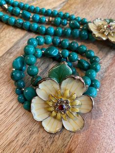 3 Row Faux Turquoise Necklace & Stretch Bracelet Large Yellow Flower Jeweled Center Yellow Flower, Stretch Bracelet, Stretch Bracelets, Yellow Flowers, The Row, Jewelry Sets, Turquoise Necklace, Accessory Gift, Display Homes