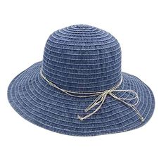 Dark denim ribbon lampshade style hat. Double twisted straw tie with bow. Ribbon inner band with drawstring. Shapeable brim, 3.5" wide. UPF 50+ rated. Packable, crushable. One size. 100% polyester. Bow Ribbon, Wide Brimmed Hats, Sun Hat, Dark Denim, Wide Brimmed, Upf 50, Hat Fashion, Sun Hats, Floppy Hat