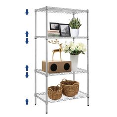 three tier shelving unit with baskets and flowers