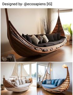 three pictures of different types of furniture in the same room, including a hammock