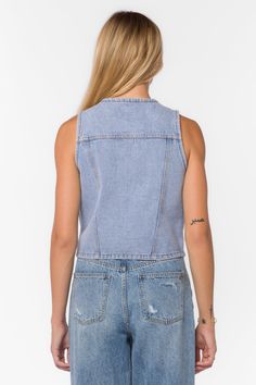 The Kiana Denim Vest in a vintage wash is a fun styling piece to add a wardrobe. It has a western vibe with metal buttons and can be worn alone or layered over a top. Material: 100% Cotton. Machine wash Color: 925 Retro Blue Model is 5'9" and wearing a size S Imported Blue Vest, Heart Clothes, Velvet Heart, Blue Vests, Retro Blue, Metal Buttons, Denim Vest, Free Giveaway, Classic Looks