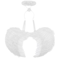 white angel wings hanging from the ceiling on a string, isolated against a white background