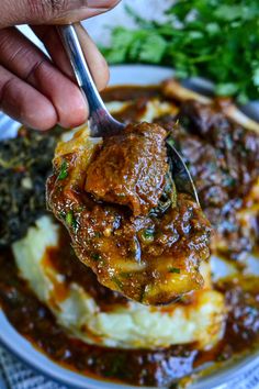 a hand holding a spoon over mashed potatoes with meat and gravy on the side