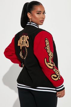 Available In Black/Red. Rib Contrast Pockets Snap Button Front Lined Wool Front, Back, And Sleeve Applique Oversized Fit Disclaimer : Embroidery Placement Will Vary Self: 93% Polyester 5% Rayon 2% Elastane Lining: 100% Polyester Imported | 49ers Letterman Jacket in Black/Red size Large by Fashion Nova Embroidery Placement, Letterman Jacket, Red Fashion, Snap Button, Oversized Fits, Black Red, Varsity Jacket, Fashion Nova, Bomber Jacket