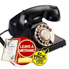 an old fashioned telephone with a certificate and sticker next to it that says leave a message