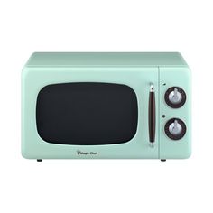 a blue microwave oven sitting on top of a white counter