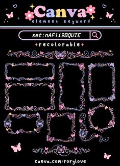 a set of decorative frames with flowers and butterflies on black background for use in scrapbooking