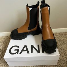 Brand New Never Worn Ganni Chelsea Boots Cognac Size 38 Box And Dust Bag Included. Never Worn Only Tried On. Boots Cognac, Lug Boots, Lug Sole Boots, Black Boots Women, Leather Chelsea Boots, Rubber Boots, Shoes Brand, Mid Calf Boots, Moto Boots