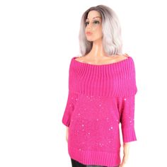 Soft Light Weight Knit Top. Elbow Length Dolman Sleeve. Over Size Draped Cowl Neck. Ribbed Hem & Cuffs. Fuchsia Pink With Mini Sequins. Approx Flat Measure. 22" Pit To Pit. 25" Long. Material Tag In Photos. On 5' 9'' Model. Casual Date Fall Fashion Work Play School Christmas Party Sweater New To Vintage On Trend Fashion Online Shopping Deals Bundle & Save More! Fall Fashion Work, Christmas Party Sweater, Autumn Fashion Work, High Neck Sleeveless Top, School Christmas Party, Exaggerated Collar, Black Lace Tank Top, Party Sweaters, Blue Long Sleeve Tops