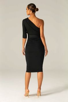 Dolly Elegant Bodycon Dress-Black Cocktail Ruched Midi Dress, Party Ruched Midi Dress In Elastane, Stretch Midi Dress For Dinner, Asymmetrical Ruched Midi Dress For Work, Formal One Shoulder Midi Dress With Ruched Detail, Formal Ruched One Shoulder Midi Dress, Formal Ruched One-shoulder Midi Dress, Chic Stretch One-shoulder Knee-length Dress, Chic Stretch One-sleeve Dress