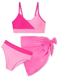 PRICES MAY VARY. 🌞 BIKINI FABRIC: Bathing suits for teen girls is made of 82% polyamide + 18% spandex, maintaining softness, breathability and durability to increase wearing comfort and provide good shape recovery. 🌞 BIKINI DESIGN: Girls swimsuit adopts a V-neck color-blocking design. Adjustable straps and removable breast pads make the bikini set more convenient. It is more fashionable with a cover up spinning overskirt, making your more confident! 🌞 OCCASION: Girls bathing suit is suitable Preppy Bathing Suit, Hot Pink Swimsuit, Summer Surfing, Pink Bathing Suits, Swimming Lessons, Swimming Beach, Fun Size