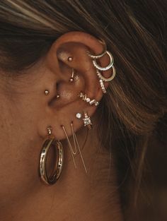 a close up of a person with ear piercings on their ears and nose rings