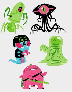 four different types of cartoon characters are depicted in this image, including an octopus, squid, and spider