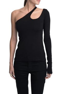 This close-fitting top is designed in a sleek shoulder-baring silhouette with an edgy neckline cutout. One-shoulder neck Single long sleeve 96% Tencel® lyocell, 4% elastane Tencel lyocell is a more-sustainably produced fiber made with closed-loop processing Machine wash, line dry Imported Modern Off-shoulder Tops For Night Out, Edgy Fitted One Shoulder Top For Spring, Edgy One Shoulder Top For Night Out, Edgy Fitted One Shoulder Top For Party, Edgy One-shoulder Top For Party, Modern Tops With Asymmetrical Neckline For Night Out, Edgy Top With Asymmetrical Neckline For Party, Modern Asymmetrical Neckline Top For Night Out, Modern Black Top With Asymmetrical Neckline