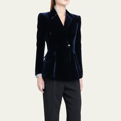 Giorgio Armani blazer jacket in an allover velvet finish  Notched lapel collar  Single button closure  Long sleeves Side flap pockets  Mid-length  Tailored silhouette  Viscose/silk Dry clean Made in Italy Elegant Velvet Evening Blazer, Elegant Velvet Blazer For Evening, Evening Velvet Tailored Blazer, Luxury Velvet Blazer, Elegant Evening Velvet Outerwear, Elegant Velvet Evening Outerwear, Elegant Velvet Blazer With Notch Lapel, Elegant Velvet Suit With Notch Lapel, Velvet Single-breasted Blazer With Suit Collar