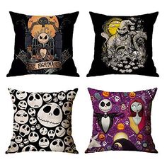 four pillows with different designs on them, one is black and the other has white