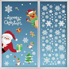 two christmas window stickers with santa and reindeers on them, one has snowflakes