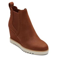 PRICES MAY VARY. Leather and suede uppers with stretch gore panels for a flexible fit OrthoLite Eco X40 Hybrid insoles made with 32% eco content 3 1/4 inch stacked wedge heel Sporty EVA outsoles Ankle Wedge Boots, High Wedges, Wedge Ankle Boots, Womens Toms, Wedge Boots, Rubber Heels, Work Boots, Latest Styles, Cow Leather