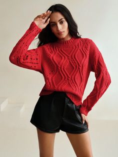 Vintage Handmade Crochet Hollow Out Cable Knit Sweater Red Casual  Wrist-Length Sleeve Knitwear Plain Pullovers Non-Stretch  Women Clothing, size features are:Bust: ,Length: ,Sleeve Length: Cropped Leather Jacket, Cable Knit Sweater, Knitwear Women, Red Sweaters, Maternity Bag, Outerwear Women, Handmade Crochet, Cable Knit, Style Vintage