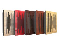 four different types of wooden doors on a white background, each with black and red trims