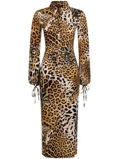 light brown/multicolour all-over leopard print front button placket high neck classic collar long sleeves tied cuffs straight hem mid-calf length Midi Dress Brown, Yoko London, Exclusive Fashion, Printed Midi Dress, Roberto Cavalli, Coat Dress, Button Placket, Mid Calf, Denim Dress