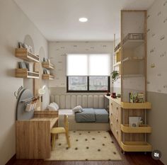 a small bedroom with a bed, desk and shelves in the corner next to a window