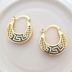 Gorgeous Hoop Greek Key Golden Huggie Earrings Will Complement Every Outfit About 3/4 Inch Earrings, 46 Gold Leaf Earrings, Clover Earrings, Heart Dangle Earrings, Party Earrings, Skull Earrings, Fashion Jewelry Earrings, Huggie Earrings, Greek Key, Art Deco Jewelry