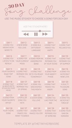 a pink and white poster with the words 30 day song challenge