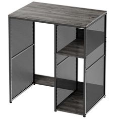 an office desk with three shelves on one side and two open compartments on the other