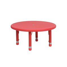 a red plastic table with metal legs on an isolated white background for use in children's playrooms