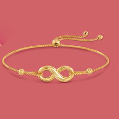 Ross-Simons - 14kt Yellow Gold Infinity Symbol Bolo Bracelet. Friendship or love, it's forever. This charming infinity symbol bolo bracelet shines in polished 14kt yellow gold. 5mm bead sliding mechanism adjusts to fit up to 7.5" wrists. 3mm beads dangle from the ends. 3/8" wide. 14kt yellow gold infinity symbol bolo bracelet. Adjustable Infinity Bracelet For Formal Occasions, Adjustable Yellow Gold Bracelet For Mother's Day, Gold Infinity Jewelry For Anniversary, Elegant Infinity Bracelets For Valentine's Day, Elegant Infinity Bracelets For Mother's Day, Infinity Bracelet For Valentine's Day, Elegant Infinity Bracelet For Mother's Day, Infinity Bracelets For Anniversary And Mother's Day, Adjustable Gold Infinity Jewelry