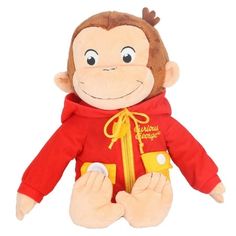 a stuffed monkey wearing a red jacket