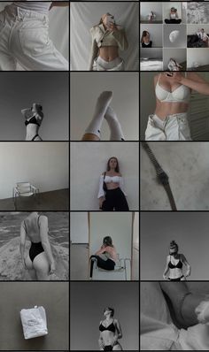 a collage of photos showing different poses in white and black outfits, with one woman sitting on a chair