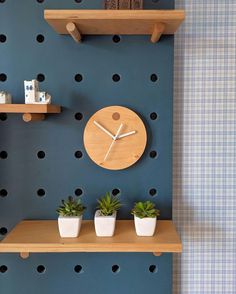 a clock mounted on the wall next to two potted plants