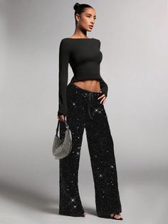 Women's Black Velvet Shiny Sequin Casual/Concert/Cocktail Party/Night Out/Carnival Drawstring Wide Leg Pants Black Party   Knitted Fabric Plain,All Over Print Wide Leg Medium Stretch  Women Clothing, size features are:Bust: ,Length: ,Sleeve Length: Trendy Pants For Night Out And Party Season, Trendy Evening Pants For Party Season, Sequined Club Bottoms For Party Season, Sequin Bottoms For Club And Party Season, Trendy Party Pants, High Waist Sequin Bottoms For Club, Black Sequined Bottoms For Party, Trendy Leather Pants For Party, Trendy Sequined Party Bottoms