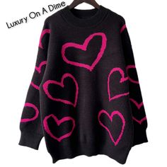 Oversized Heart Print Sweater For Fall, Cute Winter Sweater With Heart Graphic, Oversized Heart-shaped Sweater For Winter, Cute Heart Graphic Sweater For Winter, Cute Heart Graphic Sweater For Fall, Long Sleeve Heart Graphic Sweater For Fall, Trendy Heart Print Sweater For Winter, Cozy Winter Sweater With Heart Print, Cozy Long Sleeve Sweater With Heart Print