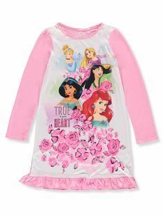 She'll love getting ready for bed to be with all her favorite Disney Princesses. Features vivid and colorful screen art against a colorful pastel and floral background. Satin pink trim on the crew neck style collar. A pretty gathered hemline. Of a silky 100% polyester fabric.   Paypal Payments Accepted.   All purchases are mailed out within 2 business days of receipt of payment. White Cotton Dress For Pajama Party, Long Sleeve Sleepwear With Character Print, Cute White Dresses For Sleepover, Pink Cotton Sleepwear With Character Print, Cotton Long Sleeve Sleep Dress, Long Sleeve Multicolor Sleepwear With Character Print, Long Sleeve Cotton Sleep Dress, White Long Sleeve Dress For Sleepover, Cute Character Print Dress For Sleepover