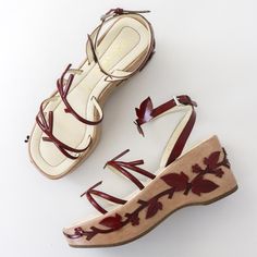 Vintage Spring/Summer 1997 Prada sandals  As seen in runway show/ ads campaign. Marked size 37, may also fit size 37.5 :) Original box included.  Very good condition! Tiny defect: one flower is unstitched (last photo) Insole: 25 cm / 9.8'' Heel: 8 cm / 3.1''  Shipping to US, UK, Europe and other countries currently takes about 14 days (in some cases can take up to 4 weeks or more) ❤️ Diesel Heels, Maroon Shoes, Historical Shoes, Prada Red, Beige Wedges, Prada Sandals, Red Wedges, Vintage Prada, Prada Spring