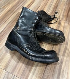 The boots are in great shape for their age and have tons of life left in them. They have some scuffs and light wear but have a great look overall. Please look over all the pics for measurements and condition and let me know if you have any questions!  We ship one or two days after receiving payment for purchases. Returns are not accepted. Thanks for dropping by. We're glad you found us! Vintage Boots With Reinforced Cap Toe, Vintage Steel Toe Boots With Plain Toe, Vintage Steel Toe Moto Boots For Outdoor, Vintage Combat Boots With Steel Toe For Outdoor, Vintage Steel Toe Combat Boots For Outdoor, Vintage Moto Boots With Steel Toe, Vintage Work Boots With Reinforced Toe, Vintage Combat Boots With Snip Toe And Reinforced Toe, Vintage Steel Toe Boots