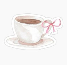 a watercolor drawing of a cup of coffee with a pink bow on the side