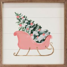 a painting of a pink sleigh with christmas trees in it's back