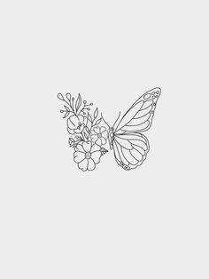 a black and white drawing of a butterfly with flowers