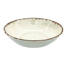 a white bowl with brown trim on the rim and bottom, sitting in front of a white background