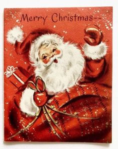 an old fashioned christmas card with a santa clause holding a bag and pointing at the viewer