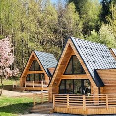 two wooden cabins with metal roofing in front of some trees and flowers on the ground