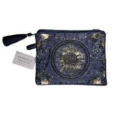 Fabrique Eninde Metallic Beaded Celestial Cosmetic Bag | Pouch Gorgeous Bag Can Be Used As A Cosmetic Bag, Pencil Pouch, Accessory Bag, Small Lingerie Bag Or Clutch. This Beautifully Beaded Navy Blue Velvet Bag Has Gold Foil Celestial/Sun Motif. It Has A Small Tab So You Can Place On Your Belt Or Add A Hook To Attach To Another Bag. Fully Lined Zipper Closure Viscose/Cotton Blend Tassel Detail Made In India New With Tags Approx Measurements: 8” X 6” Metallic Gold Lame Makeup Travel Sparkly Boho Blue Bohemian Pouch Clutch, Blue Beaded Clutch For Gift, Blue Embroidered Rectangular Pouch, Blue Beaded Clutch Bag, Embellished Pouch As A Gift, Blue Bohemian Bag For Evening, Blue Bohemian Evening Bag, Stars Universe, Clinique Cosmetics