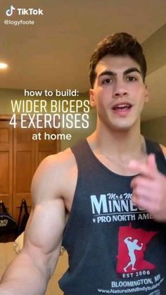 a young man posing for the camera with his muscles exposed and showing how to build wider biceps 4 exercises at home