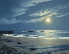 a painting of the beach at night with stars and moon in the sky above it